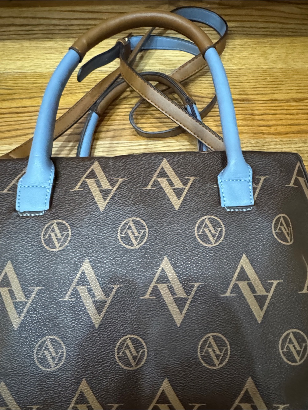 Adrienne Vittadini Brown Satchel with Sky Blue Trim - Picture 4 of 11